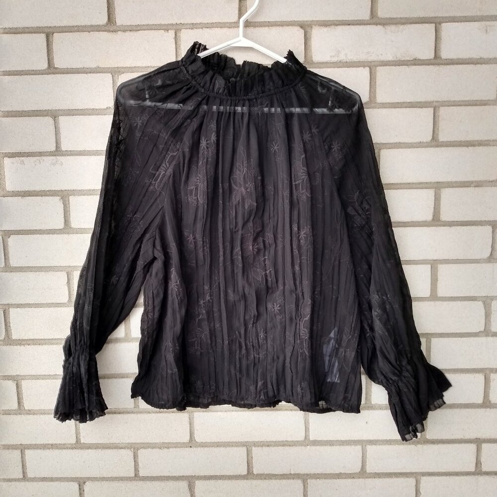 Zara Sheer Black Blouse with Embroidery Size Medium